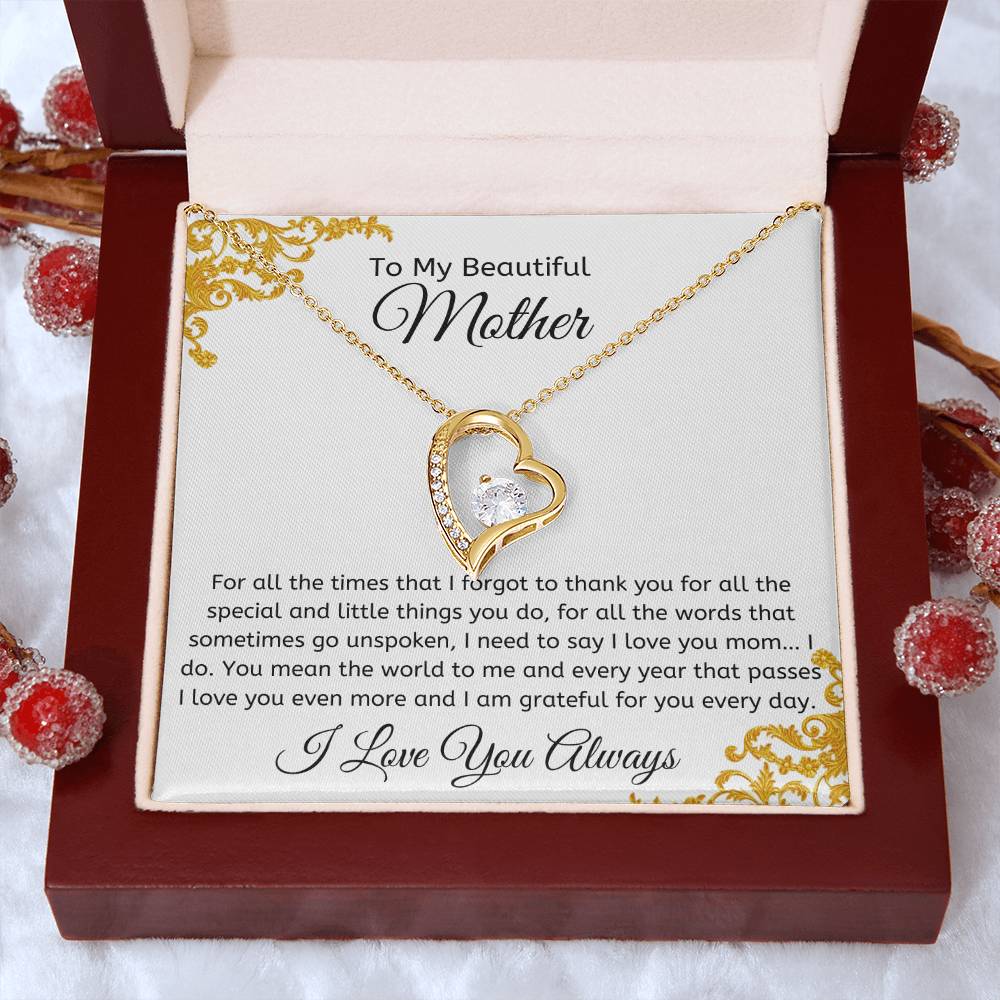 Forever Love Necklace - with Golden Embroidery Like Edged Message Card – For Mother, Any Occasion Gifts