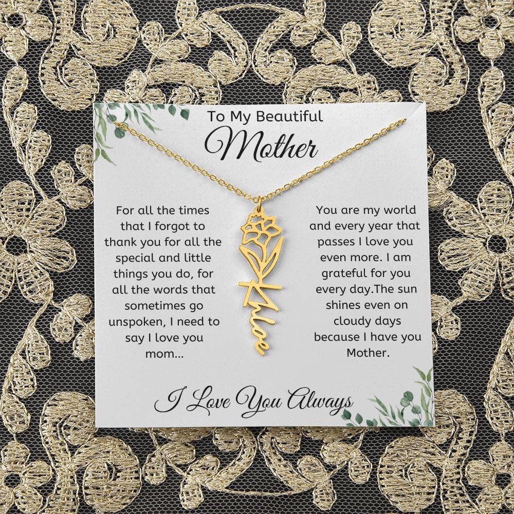 Flower Name Necklace For Mother with Personalized Message Card with Greenery Like Edged Any Occasion Gifts