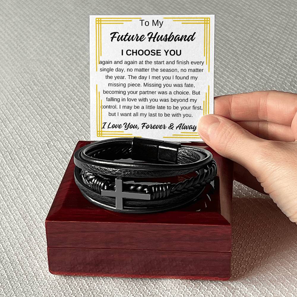 To My Future Husband Men's Cross Leather Bracelet with Gold Like Edge, I Choose You Any Occasion Gifts