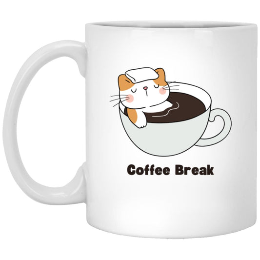 White Brown Illustrated Cat Mug Coffee Break 11oz